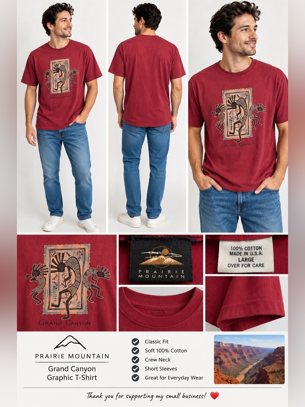 Prairie Mountain Grand Canyon Kokopelli Graphic T-Shirt Men’s Red Made in USA